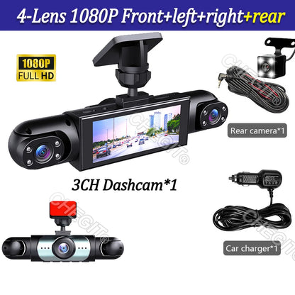 360° Car Dash Cam 4 Channels Video Recorder 1080P Car DVR 3/4 lens Front inside optionalRear View Night Vision Black Box