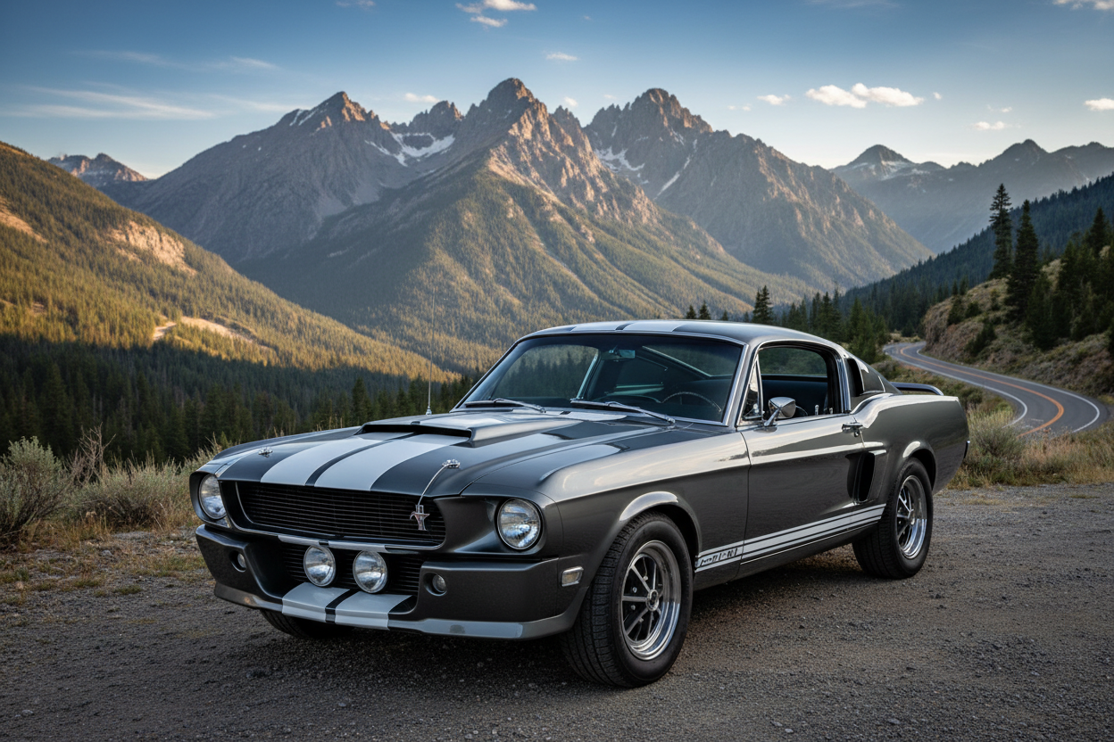 creer moi une image avec une mustang shelby 1967 grise avec bande blanche avec en arriere plan un paysage de montages 